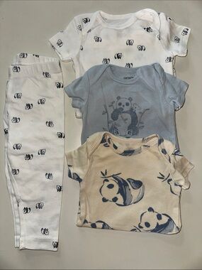 🐼 Carter's Panda Print Baby Bodysuits & Pants Bundle - White, Light Blue, Cream